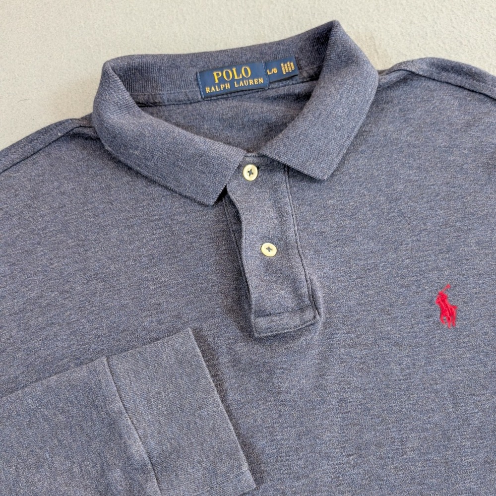 Polo Ralph Lauren Long Sleeve Polo Mens Large Blue Heathered Red Pony Logo